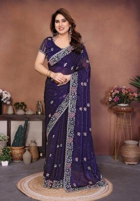 Purple Embroidered Silk Saree Set