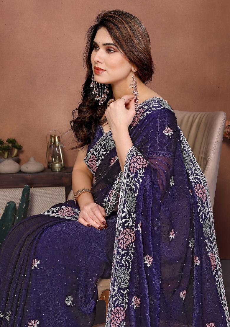 Purple Embroidered Silk Saree Set - Indya