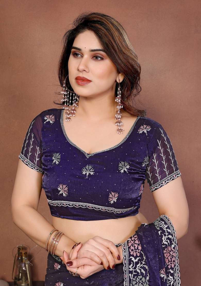 Purple Silk Saree Set with Embroidered for Diwali | Wedding & Festive Wear - Indya