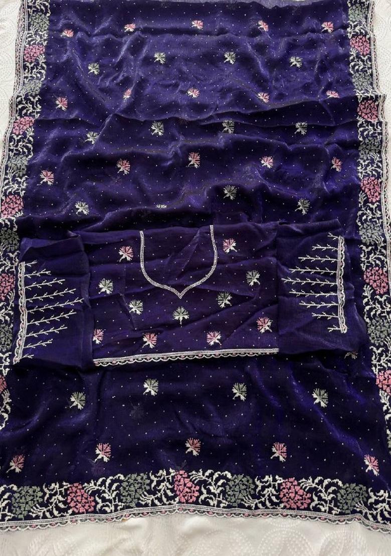 Purple Embroidered Silk Saree Set - Indya