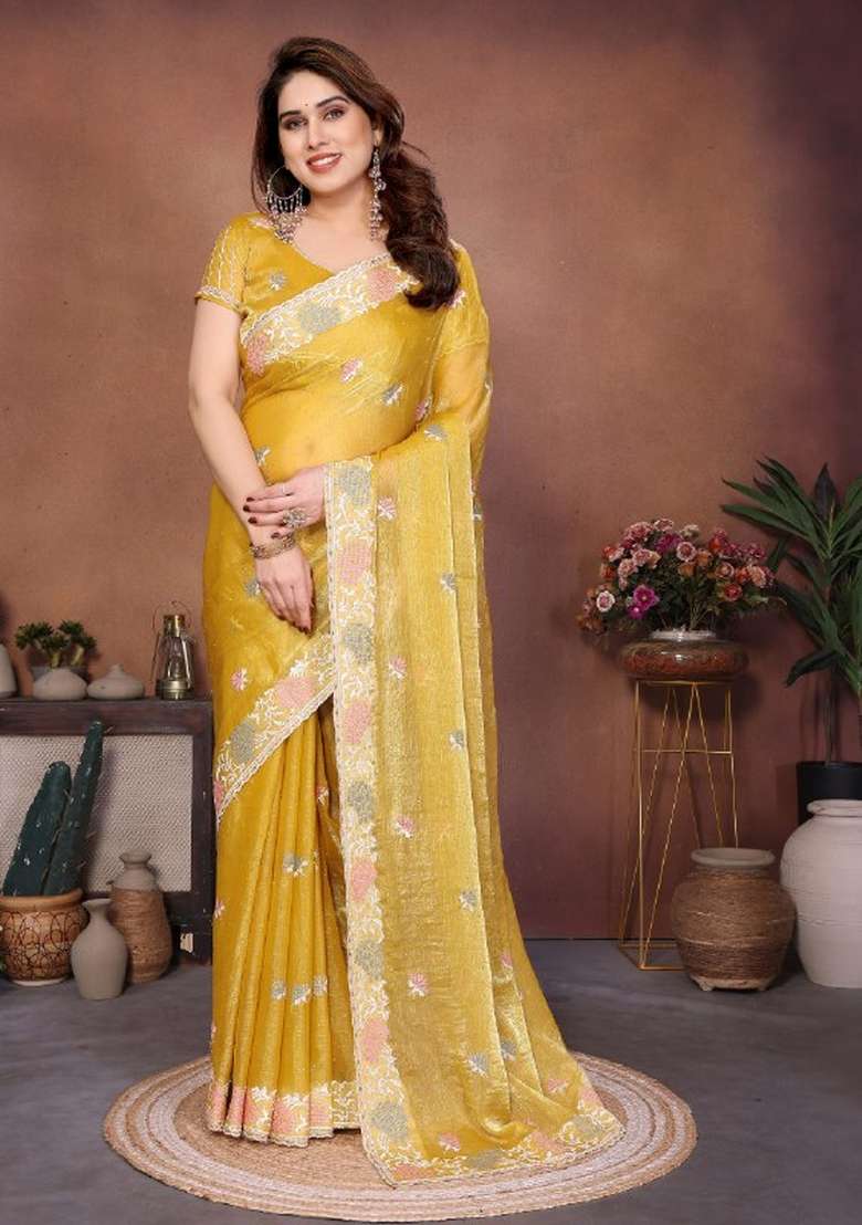 Yellow Embroidered Silk Saree Set for Diwali and Festive Wear - Indya