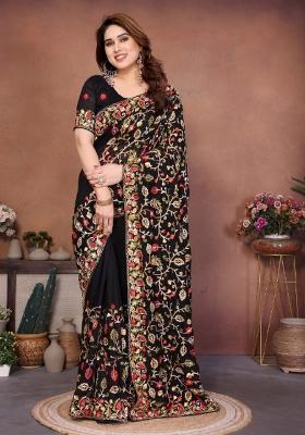 Black Embroidered Silk Saree Set