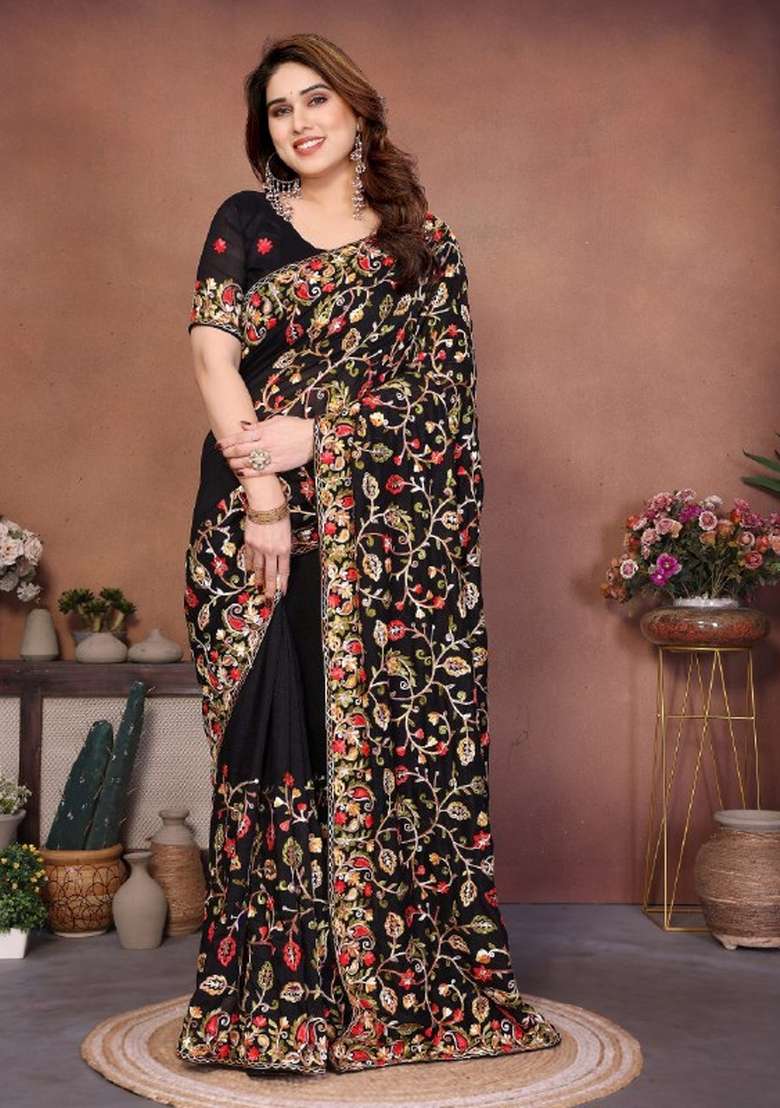 Black Embroidered Silk Saree Set for Diwali and Festive Wear - Indya