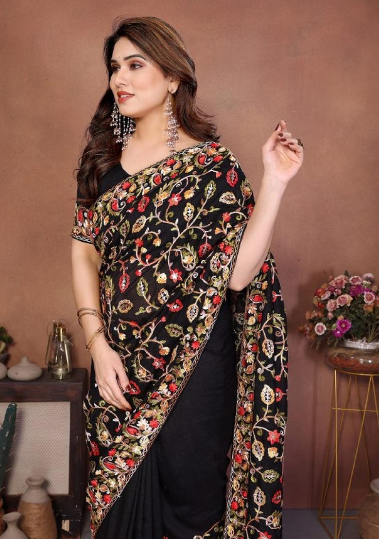 Black Embroidered Silk Saree Set - Indya