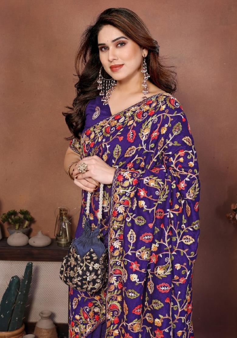 Blue Embroidered Silk Saree Set - Indya