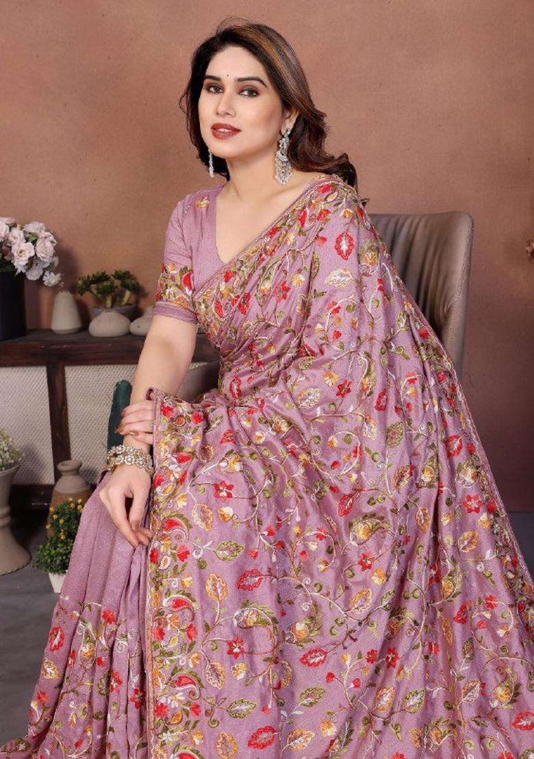 Mauve Embroidered Silk Saree Set - Indya
