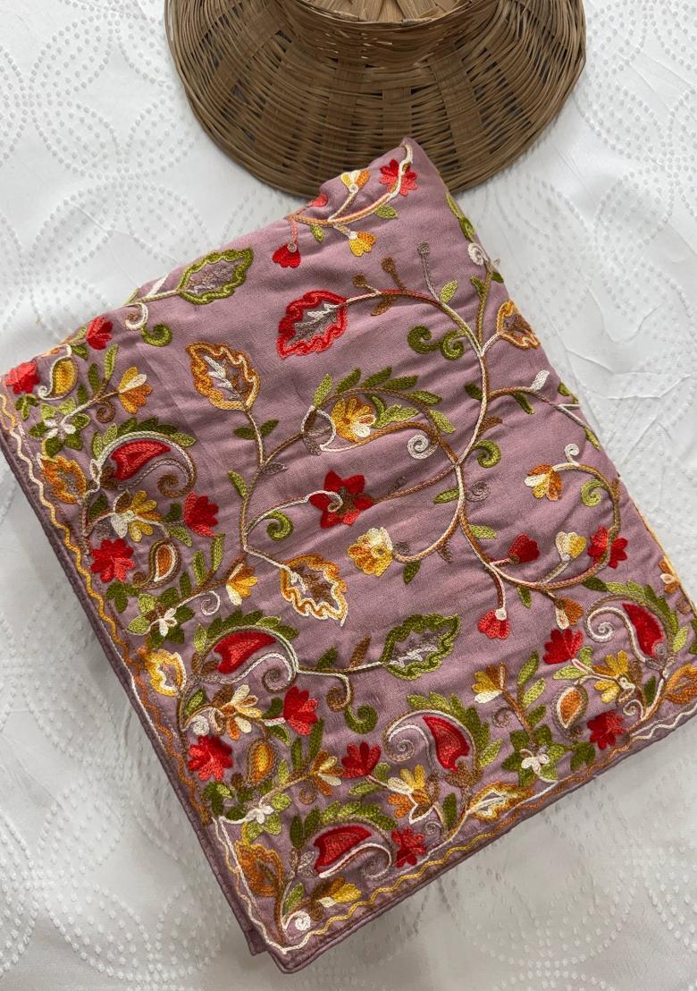 Mauve Embroidered Silk Saree Set - Indya