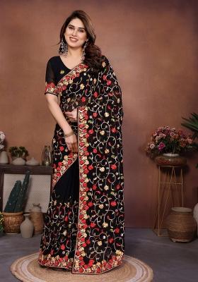 Black Embroidered Georgette Saree Set