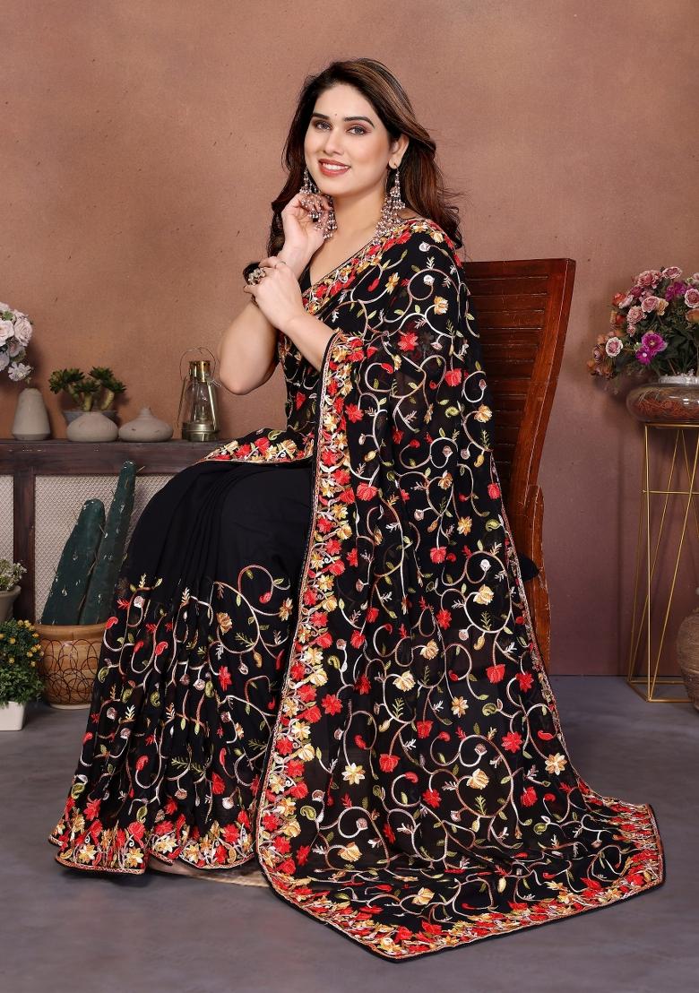 Black Embroidered Georgette Saree Set - Indya
