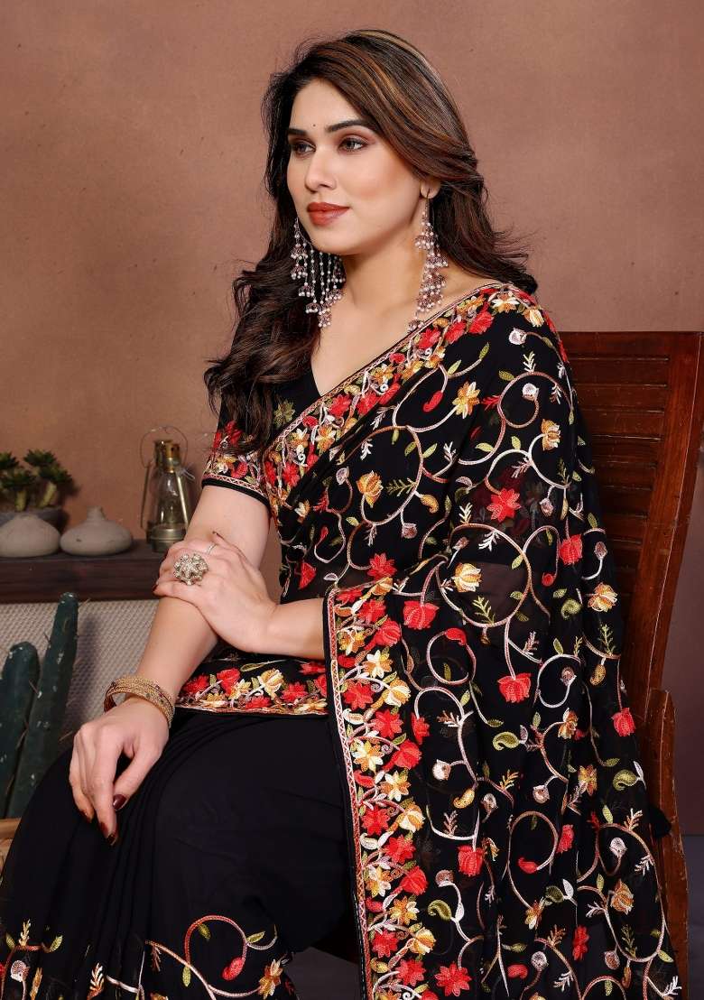 Black Georgette Saree Set with Embroidered for Diwali | Wedding & Festive Wear - Indya