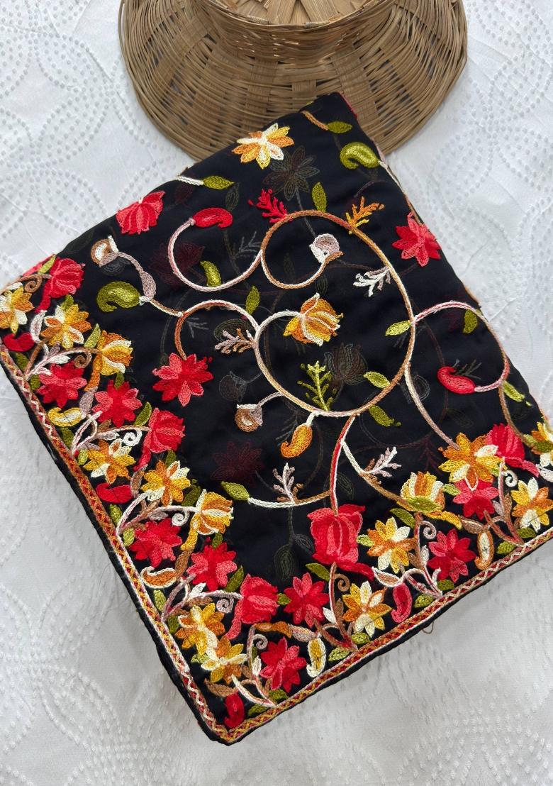 Black Embroidered Georgette Saree Set - Indya