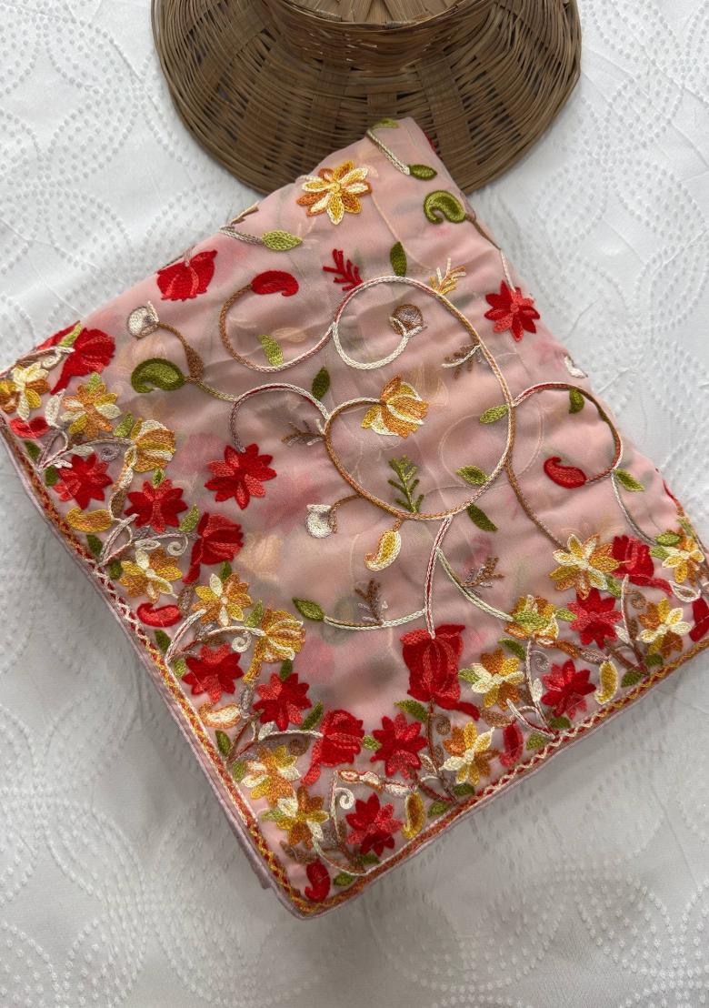 Peach Embroidered Georgette Saree Set - Indya