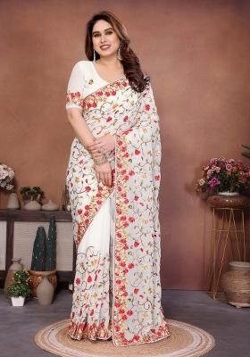 White Embroidered Georgette Saree Set