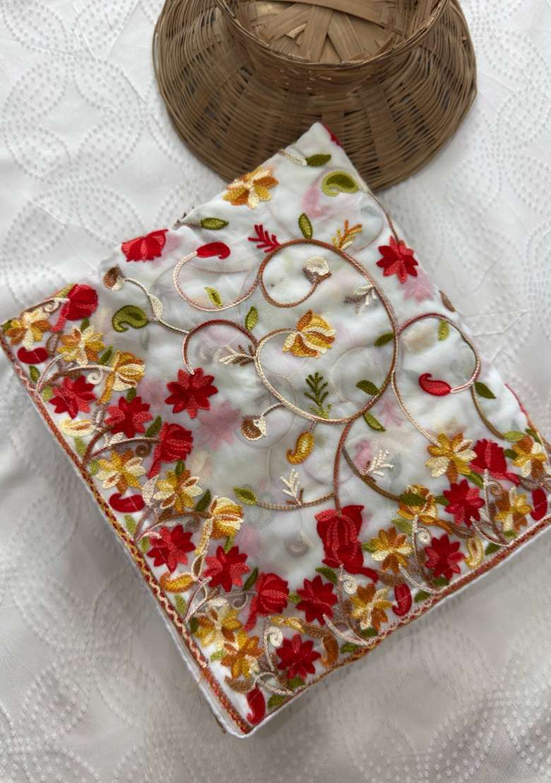 White Georgette Saree Set with Embroidered for Diwali | Wedding & Festive Wear - Indya