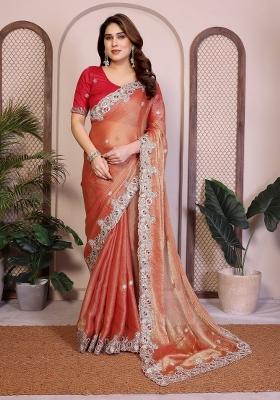 Orange Embroidered Silk Saree Set