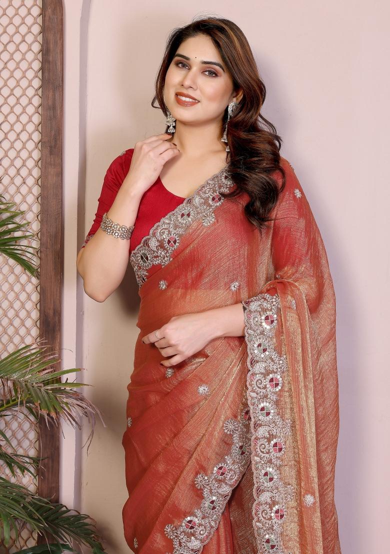 Orange Embroidered Silk Saree Set - Indya