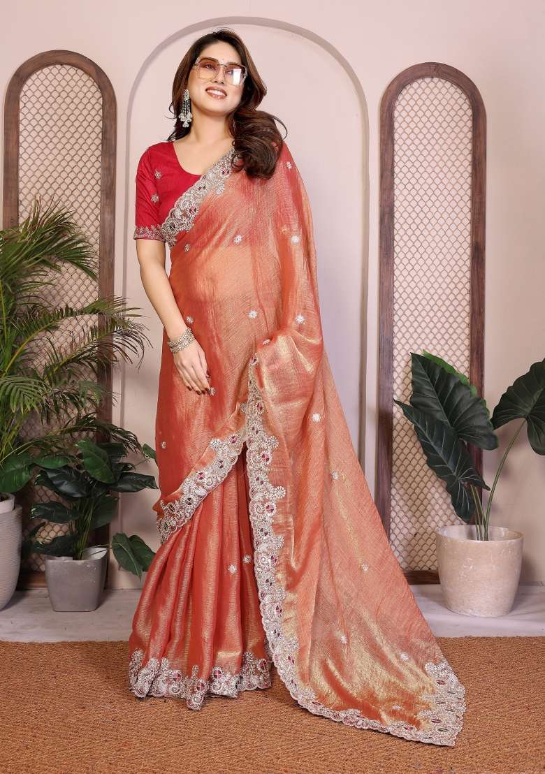 Orange Silk Saree Set with Embroidered for Diwali | Wedding & Festive Wear - Indya