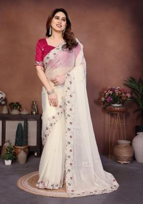 White Embroidered Silk Saree Set
