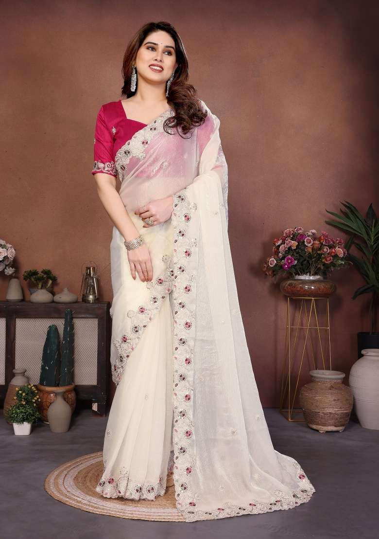 White Silk Saree Set with Embroidered for Diwali | Wedding & Festive Wear - Indya