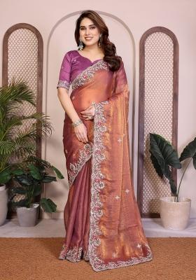 Brown Embroidered Silk Saree Set