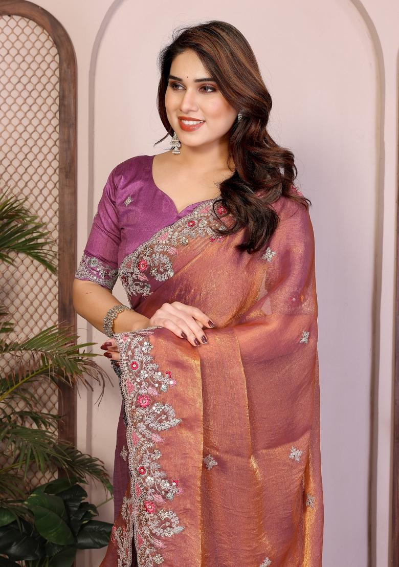Brown Embroidered Silk Saree Set - Indya