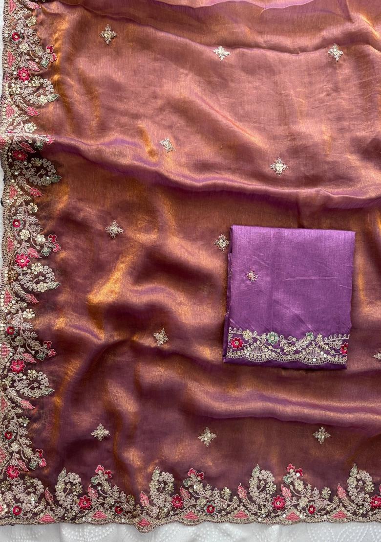 Brown Embroidered Silk Saree Set - Indya