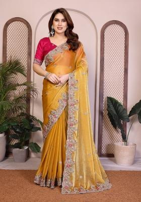 Yellow Embroidered Silk Saree Set