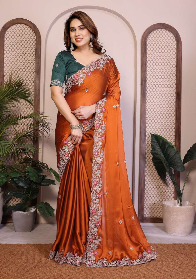 Orange Embroidered Silk Saree Set for Diwali and Festive Wear - Indya