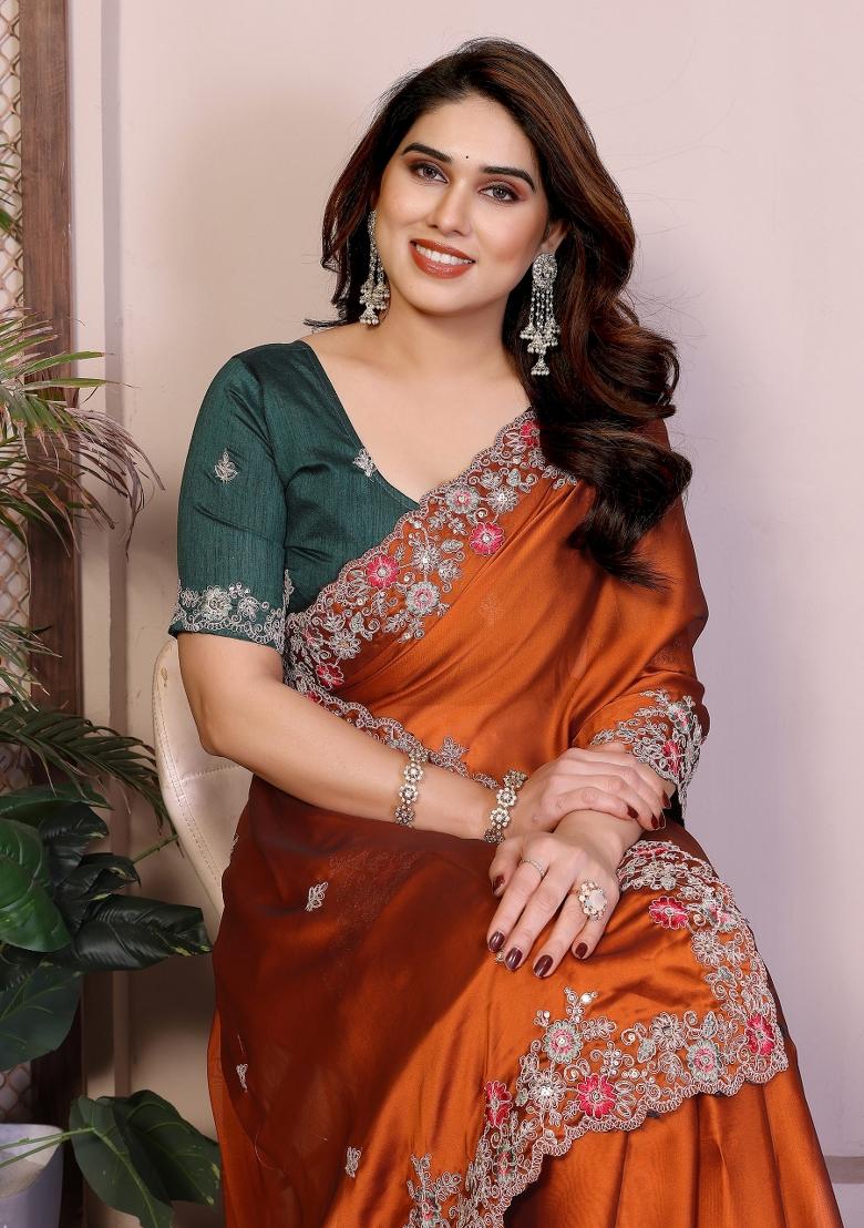 Orange Embroidered Silk Saree Set - Indya