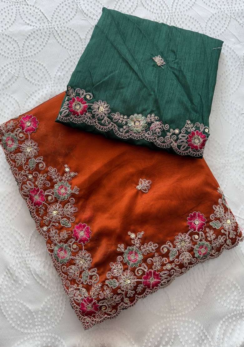 Orange Embroidered Silk Saree Set for Diwali and Festive Wear - Indya