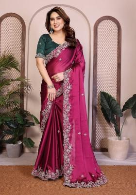 Rani Pink Embroidered Silk Saree Set