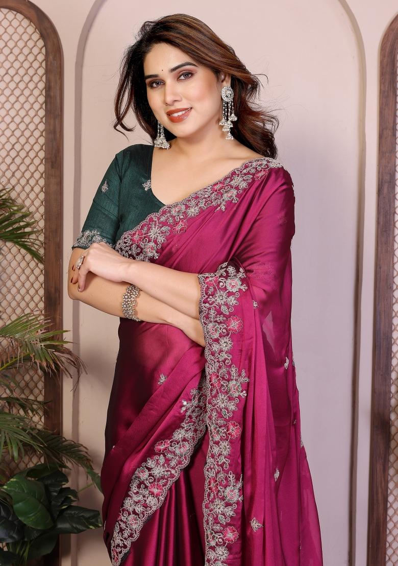 Rani Pink Embroidered Silk Saree Set - Indya