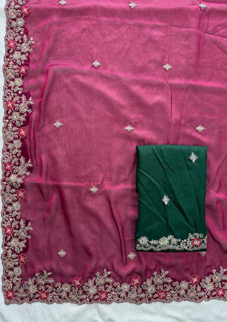 Rani Pink Embroidered Silk Saree Set - Indya