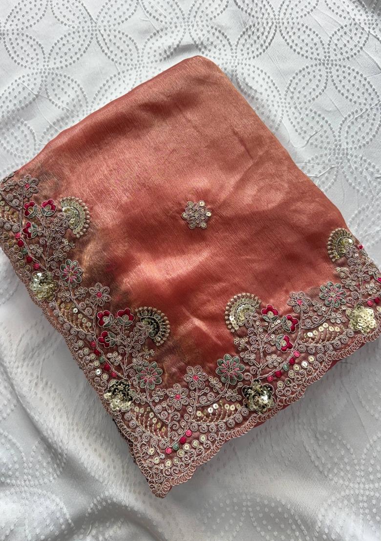 Orange Embroidered Silk Saree Set - Indya