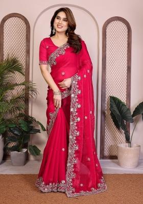 Rani Red Embroidered Silk Saree Set