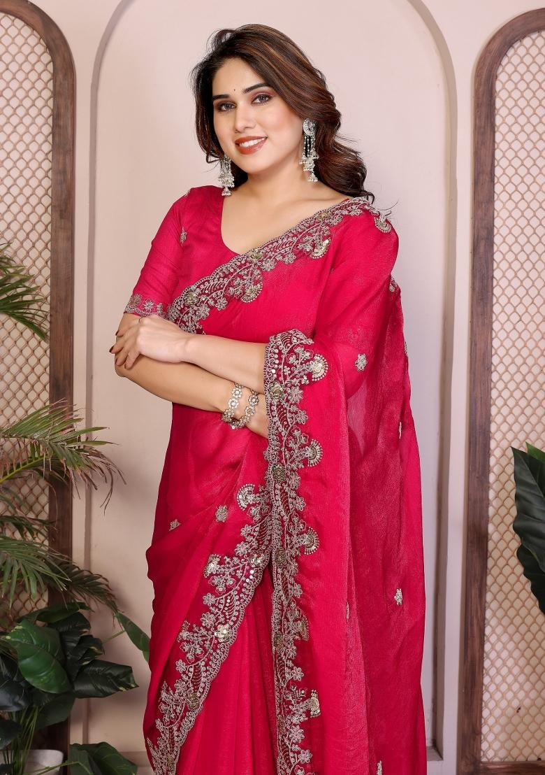 Rani Red Embroidered Silk Saree Set - Indya