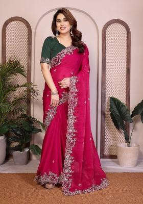 Rani Red Embroidered Silk Saree Set