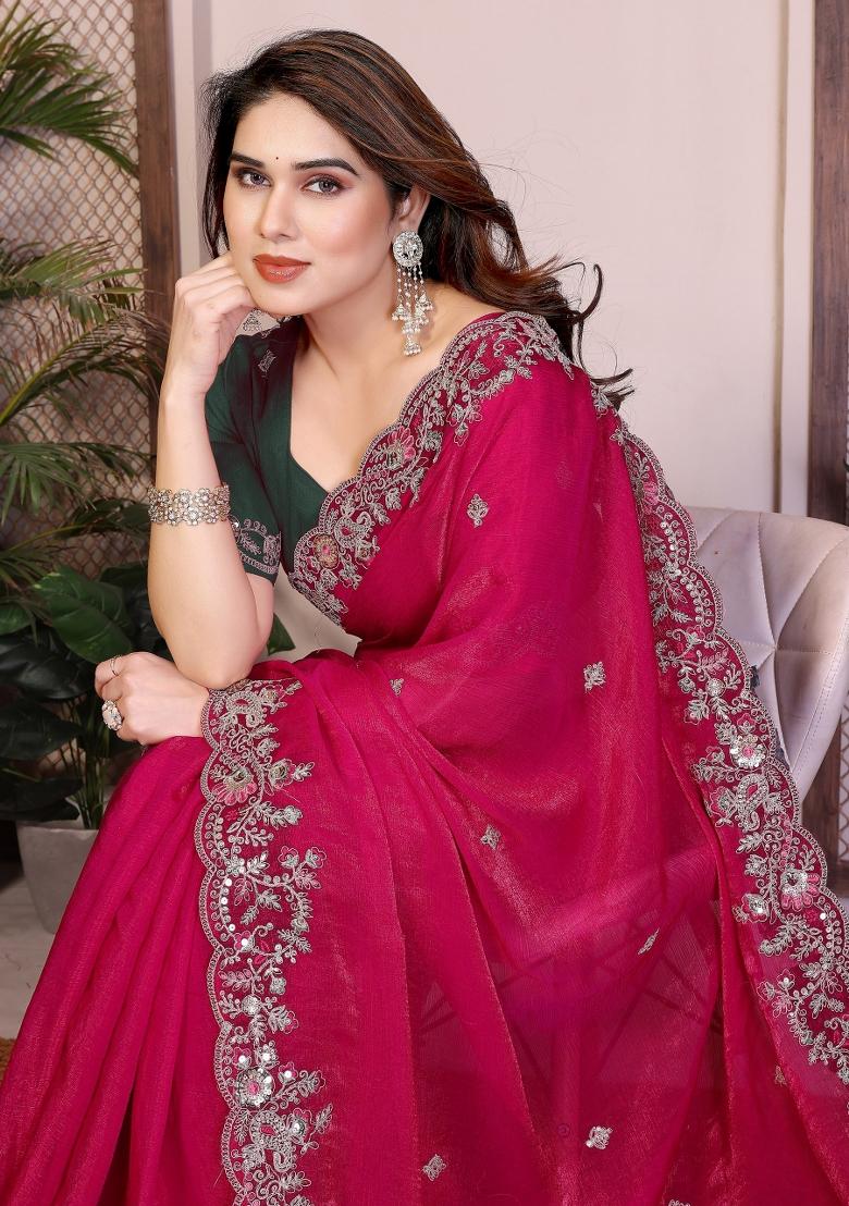 Rani Red Embroidered Silk Saree Set - Indya