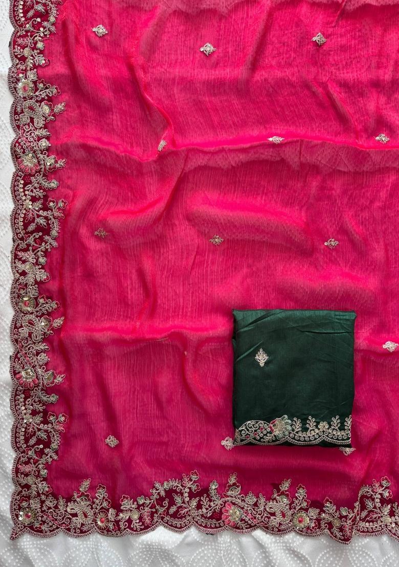 Rani Red Embroidered Silk Saree Set - Indya