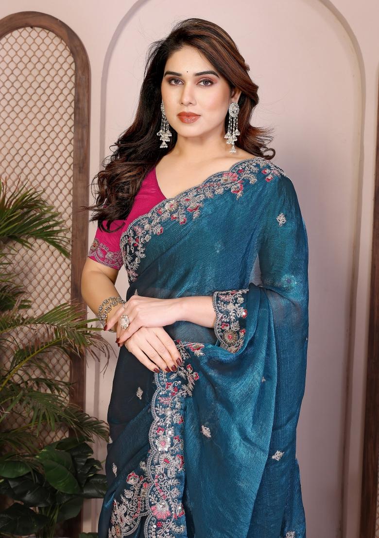 Teal Embroidered Silk Saree Set - Indya