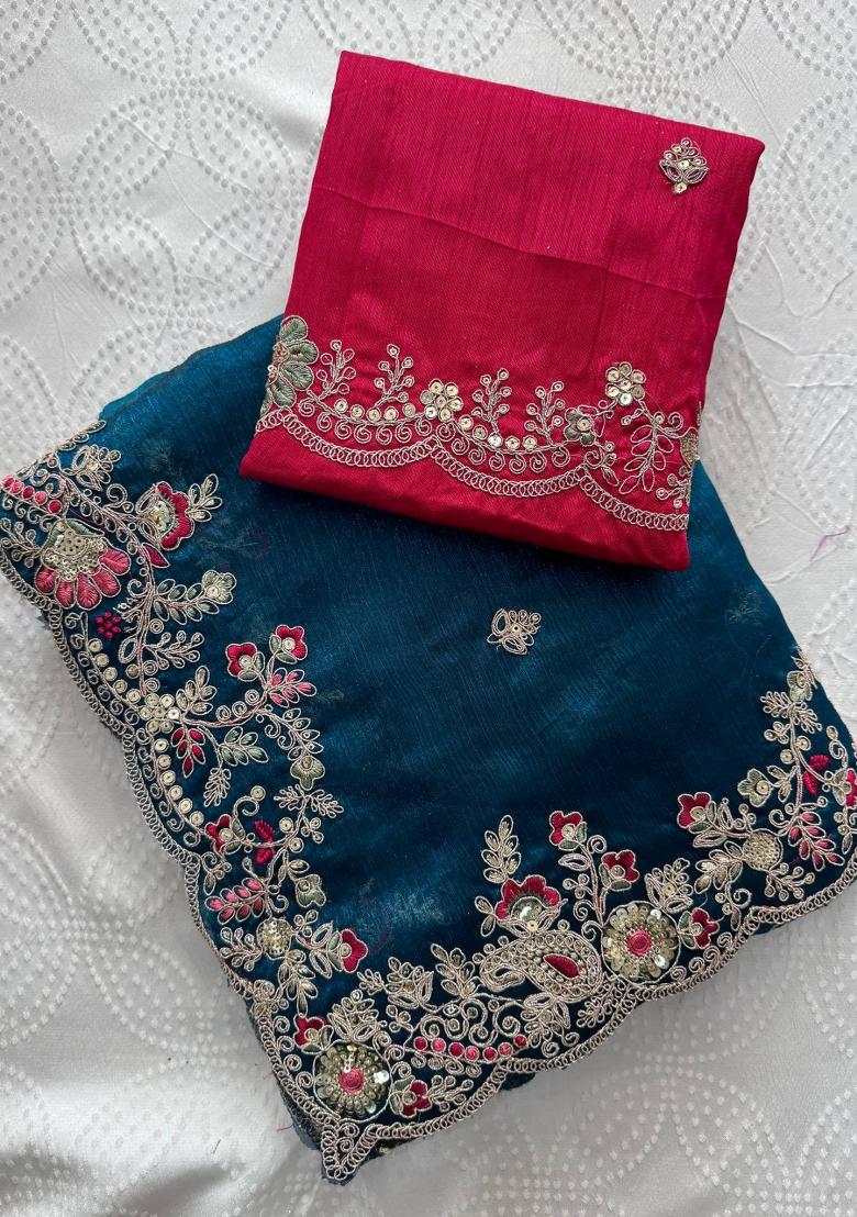 Teal Embroidered Silk Saree Set - Indya