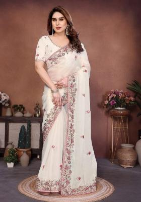 White Embroidered Silk Saree Set