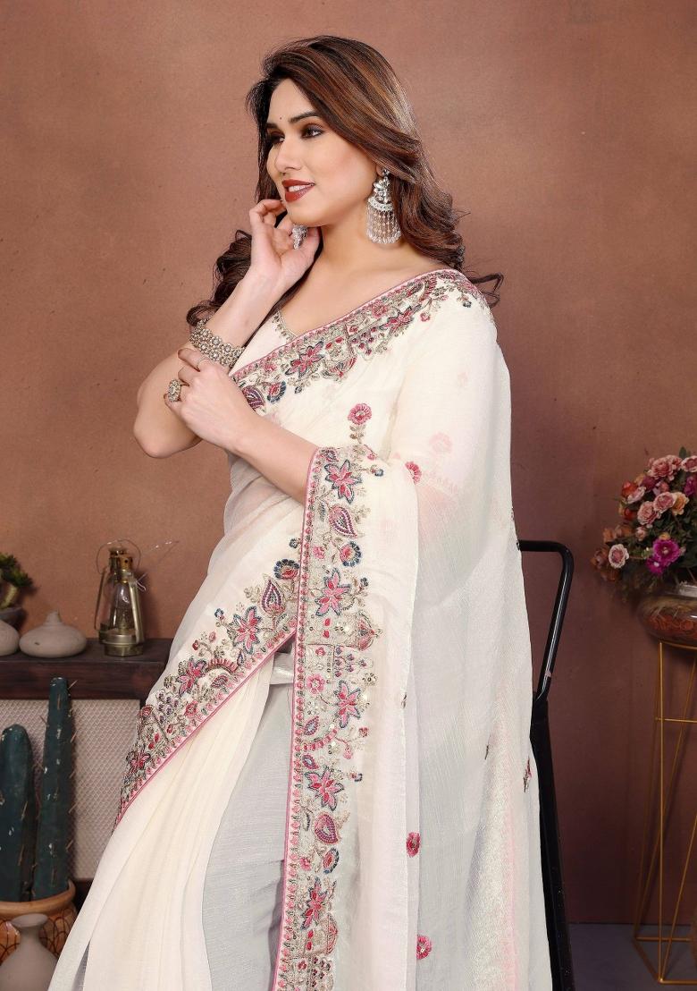 White Embroidered Silk Saree Set - Indya