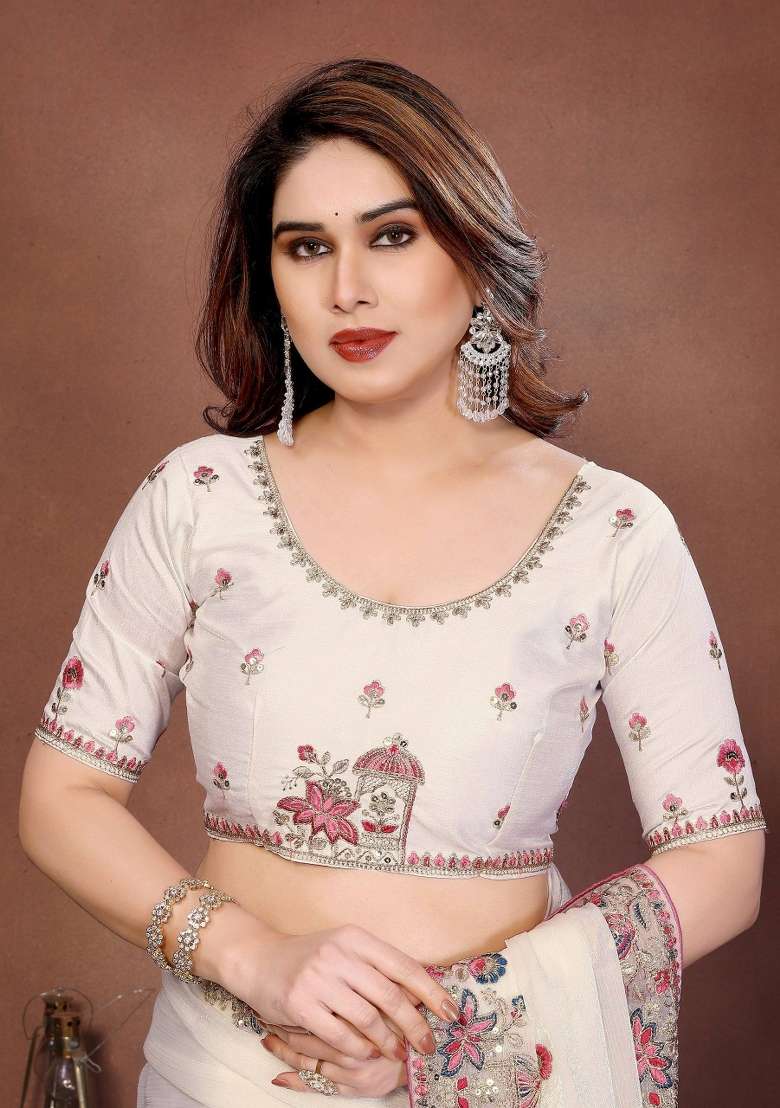White Embroidered Silk Saree Set for Diwali and Festive Wear - Indya