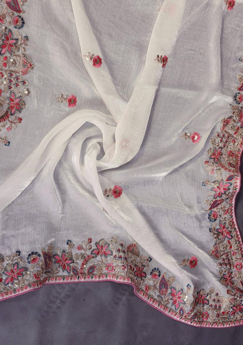 White Embroidered Silk Saree Set - Indya