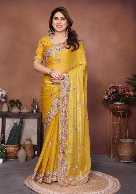Yellow Embroidered Silk Saree Set