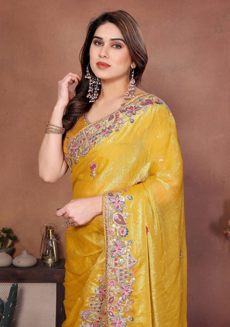 Yellow Embroidered Silk Saree Set - Indya