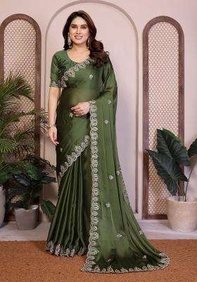 Green Embroidered Satin Saree Set