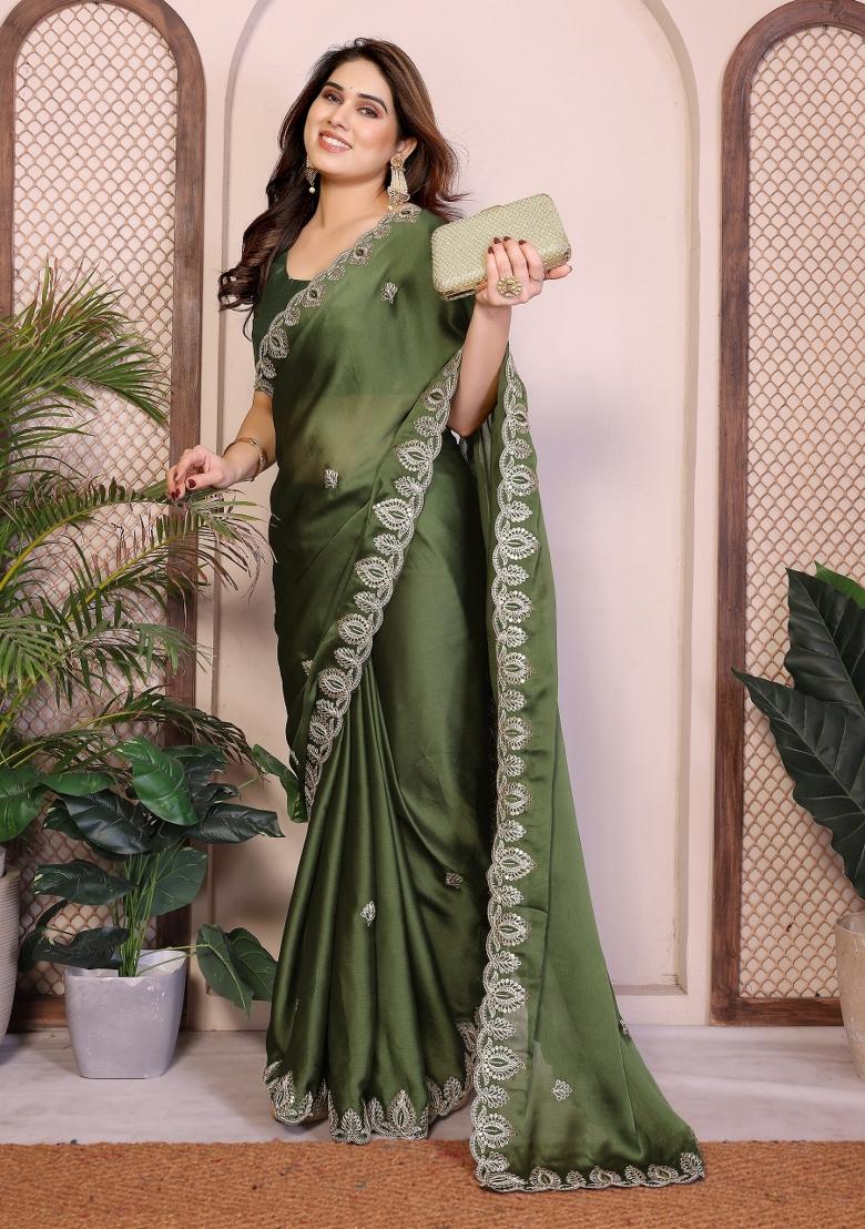 Green Embroidered Satin Saree Set - Indya