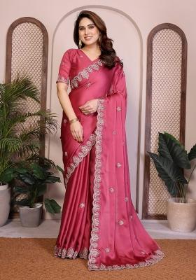 Pink Embroidered Satin Saree Set